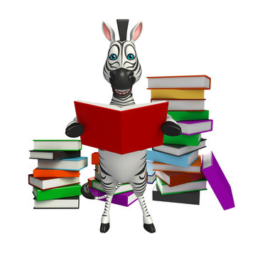 Fototapeta cute Zebra cartoon character with book stack