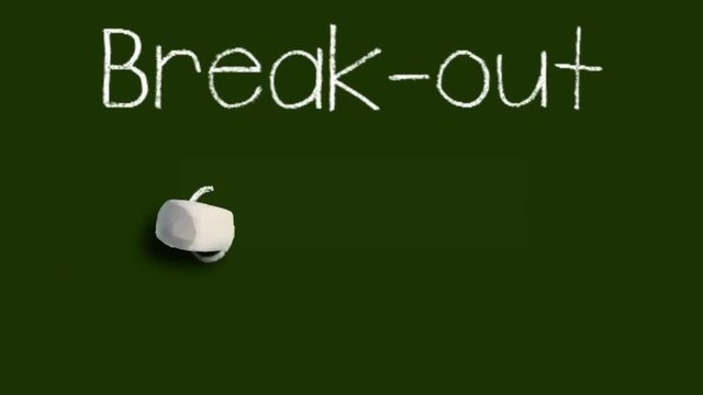 A moving chalk with a shadow writes on a green chalk board 'Break-out Groups'
