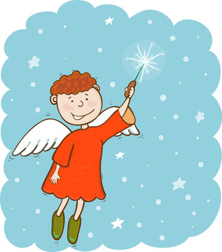 Angel with magic wand in the sky