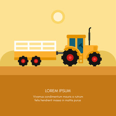 Tractor with Trailer. Rural Farm Landscape. Flat Style Vector Illustration.