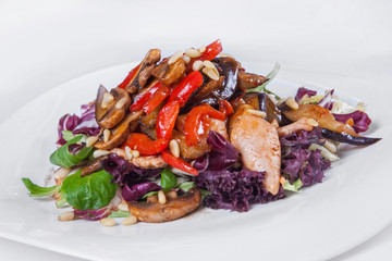 Chicken salad with beans, cauliflower, mushrooms, sweet pepper, lettuce. Isolated dish on a white background