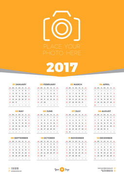 Calendar Design Template for 2017 Year. Week starts Sunday. Stationery Design. Vector Calendar Poster with Place for Photo