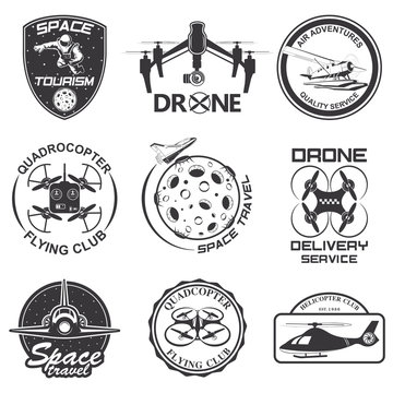 Set of vintage space, drone , aeronautics flight emblems, labels, badges