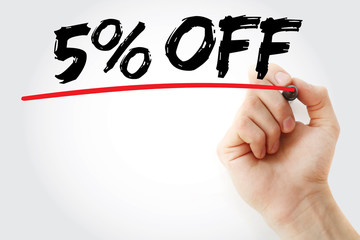 Hand writing 5% Off with marker, sale business concept background