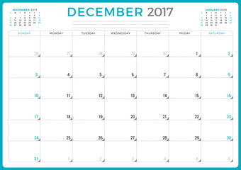 Calendar Planner for 2017 Year. Vector Design Template. December. Week Starts Sunday. 3 Months on Page. Stationery Design