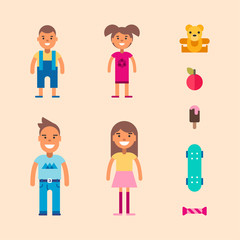 Children and teenagers and their toys and stuff. Colored flat vector illustrations on pink background