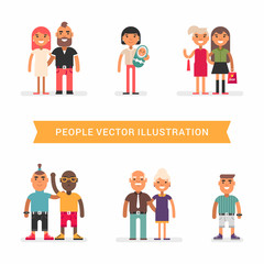 People of different age and status.. Couples, friends, single. a set of colored flat vector illustration isolated on white background