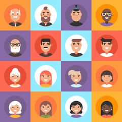 Composition of diverse smiling faces of men and women. A set of colored flat vector illustrations on bright background