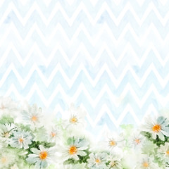 Chamomile bouquet on blue chevron background. Hand-painted watercolor illustration for greeting cards
