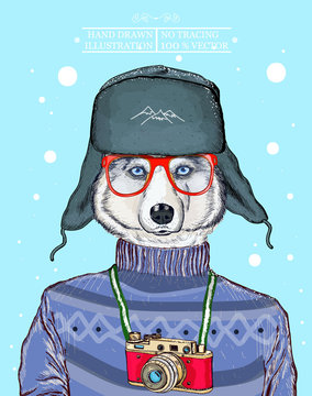 Fashion animal illustration, husky dog hipster animal