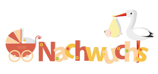 Nachwuchs Lettern mit Klapperstorch und Babyb&uuml;ndel Vektor