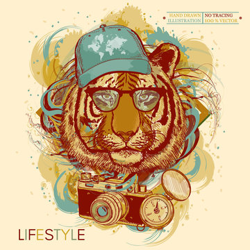 Tiger hipster hand drawn animal art print