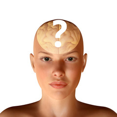 3d rendered illustration of female head with brain and question