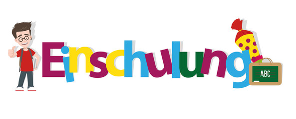 Fototapeta premium Einschulung Lettern Junge mit Rucksack, Zuckertüte und Kreidetafel Vektor