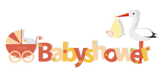 Babyshower Schriftzug mit Storch Baby und Kinderwagen Vektor