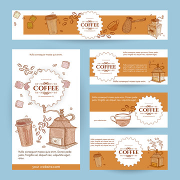 Coffee menu template banner page flyer hand drawn vintage sketch