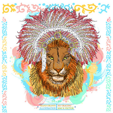 Lion portrait native american hand drawn animal