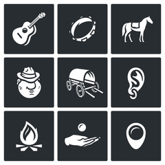 Vector Set of Gypsy Camp Icons. Guitar, Tambourine, Horse, Romany, Dray, Ring Ear, Bonfire, Beggar, Nomad. - 111865201