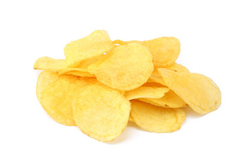 Fried salted potato chips isolated on white background