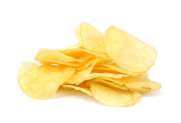 Fried salted potato chips isolated on white background