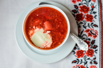 Top view of Borsch - traditional Ukrainian cuisine. 