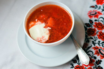 Top view of Borsch - traditional Ukrainian cuisine. 