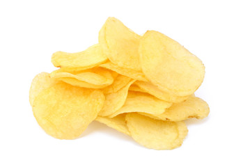 Fried salted potato chips isolated on white background