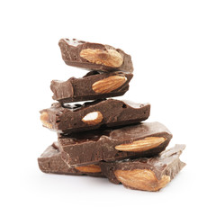 stack of homemade chocolate with almonds, isolated on white background