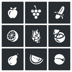 Vector Set of Fruits Icons. Apple, Grape, Banana, Orange, Dragon fruit, Coconut, Pear, Melon, Apricot.