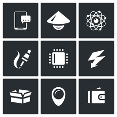 Vector Set of Electronic Industry Icons. Smartphone, Asian, Nucleu and electron, Manufacture, Processor, Charge, Pack, Place, Sale.