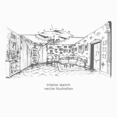 Hand drawn interior sketch. Home design livingroom, vector illustration