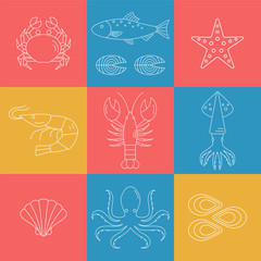 Seafood vector flat line icons set. Vector illustrations of lobster, crab, salmon, fish, squid, oyster, shrimp, octopus, eel isolated. Seafood menu background. Fresh seafood restaurant illustration.