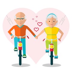 Seniors couple on a romantic walk on the bike. Active lifestyle. Harmonious relations. Family and understanding.Objects isolated on a white background. Flat vector illustration.