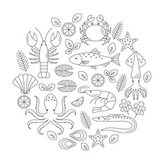 Seafood vector flat line icons set. Vector illustrations of lobster, crab, salmon, fish, squid, oyster, shrimp, octopus, eel. Seafood menu background. Fresh seafood restaurant illustration.