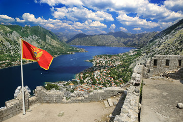 Montenegro. Bay of Kotor (Boka Kotorska) - general view from St. John's Fortress. The flag of...