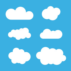 Cloud icons set. White outline isolated on blue sky background. Collection template elements design. Symbol of space, weather, clear and nature. Abstract signs. Flat graphic style. Vector Illustration
