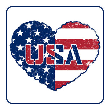 American flag heart shaped icon on white background. Patriotic USA emblem typography Graphics. National printing design. Grunge style. Symbol of celebrate Independence Day America. Vector illustration