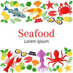 Fresh seafood background. Vector flat illustrations of lobster, crab, salmon, fish, squid, oyster, shrimp, octopus, eel. Seafood restaurant banner.