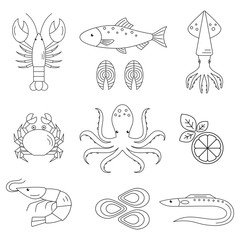 Seafood vector flat line icons set. Vector illustrations of lobster, crab, salmon, fish, squid, oyster, shrimp, octopus, eel isolated. Seafood menu background. Fresh seafood restaurant illustration.