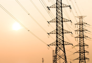 silhouette of high voltage electrical pole structure