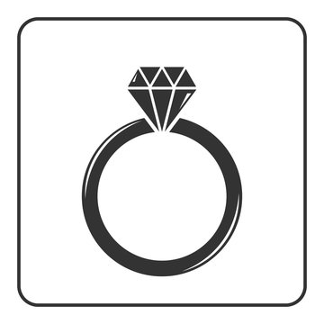 Diamond engagement ring icon. Crystal sign. Black circle silhouette isolated on white background. Flat fashion design element. Symbol of engagement, gift, jewel,luxury, expensive. Vector Illustration.