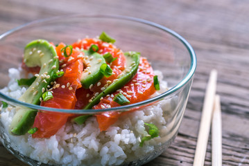 White rice with salmon and avocado