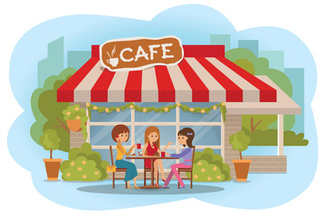 Obraz na płótnie Canvas Vector illustration of people at the cafe outdoor. Three friends women sitting in cafe, outdoor while drinking hot coffee and talking about something. Flat modern illustration women at coffee break.
