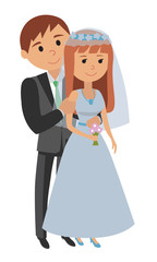 Vector illustration of bride and groom. Draw for invitation to wedding ceremony in flat style. Portraits of the bride and groom in heart illustration for wedding.