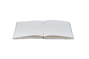 Closeup of open handmade book on white background