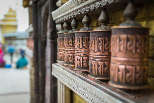 Prayer wheels at Swayambhunath in Kathmandu, Nepal.Selective foc