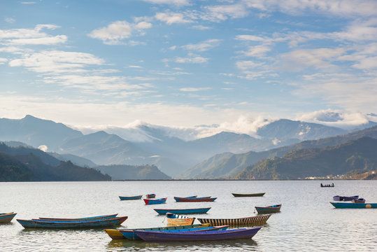 Boats on Phewa Lake in Pokhara,Nepal