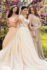 Fototapeta premium fashion outdoor photo of gorgeous bride in luxurious wedding dress, posing with beautiful bridesmaids in elegant dresses 