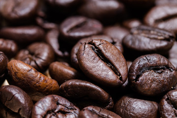 close-up coffee beans as background.