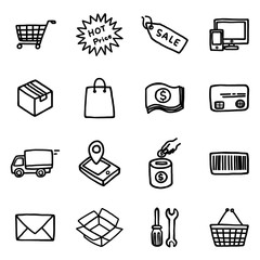shopping objects or icons set/ cartoon vector and illustration, hand drawn style, isolated on white background.